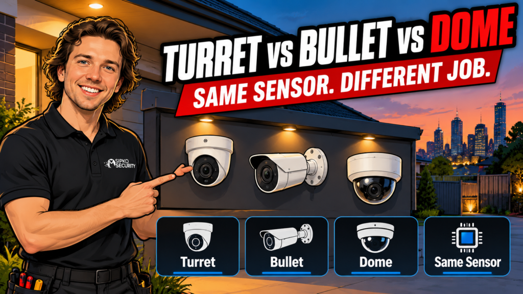 Turret vs Bullet vs Dome Cameras - SIPKO Security Sipko Security installer comparing Hikvision turret, bullet and dome security cameras