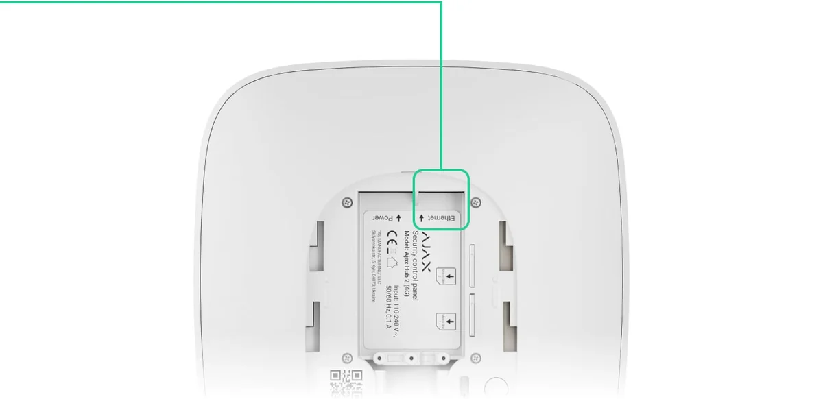 Inside the AJAX Hub 2 (4G) with the Ethernet socket highlighted (white model shown)