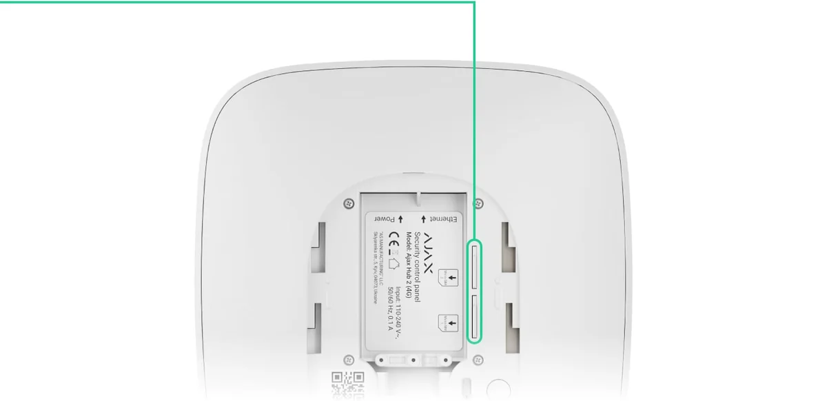 Inside the AJAX Hub 2 (4G) with the two micro-SIM slots highlighted (white model shown)