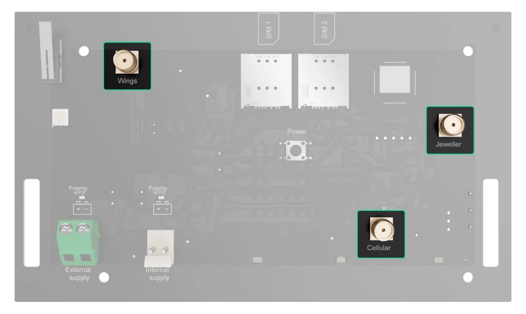 AJAX Hub BP Jeweller board with the Jeweller, Wings and 4G external antenna connectors highlighted