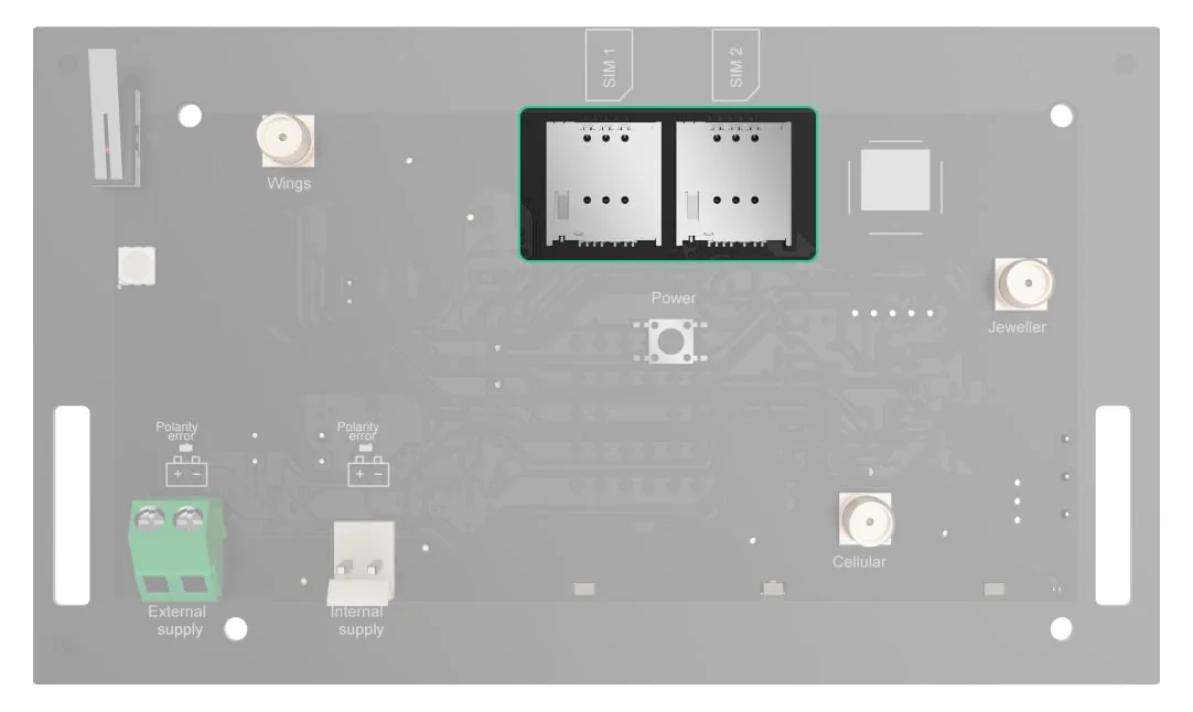 AJAX Hub BP Jeweller board with the two micro-SIM slots highlighted