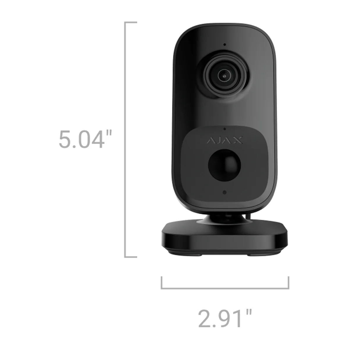 AJAX IndoorCam front view with size: 5.04 in (about 128 mm) high and 2.91 in (about 74 mm) wide (black model shown)