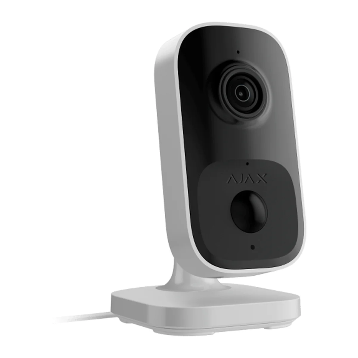 AJAX IndoorCam Wi-Fi camera in white on its stand, three-quarter view