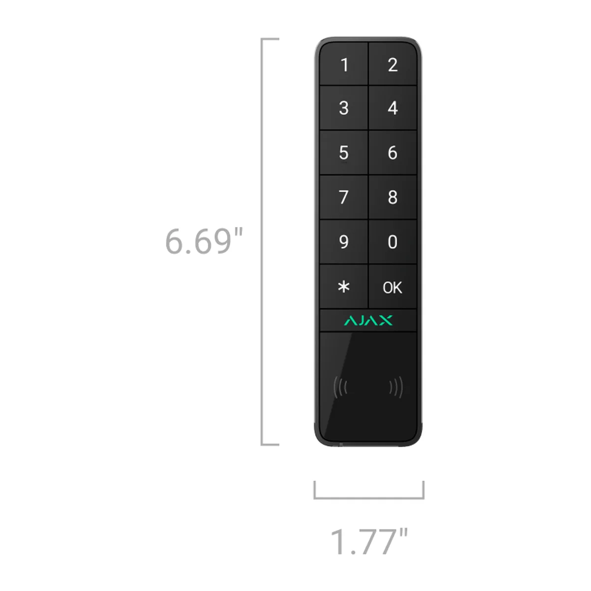 AJAX KeyPad Outdoor Jeweller front view with size: 6.69 in (about 170 mm) high and 1.77 in (about 45 mm) wide (black model shown)