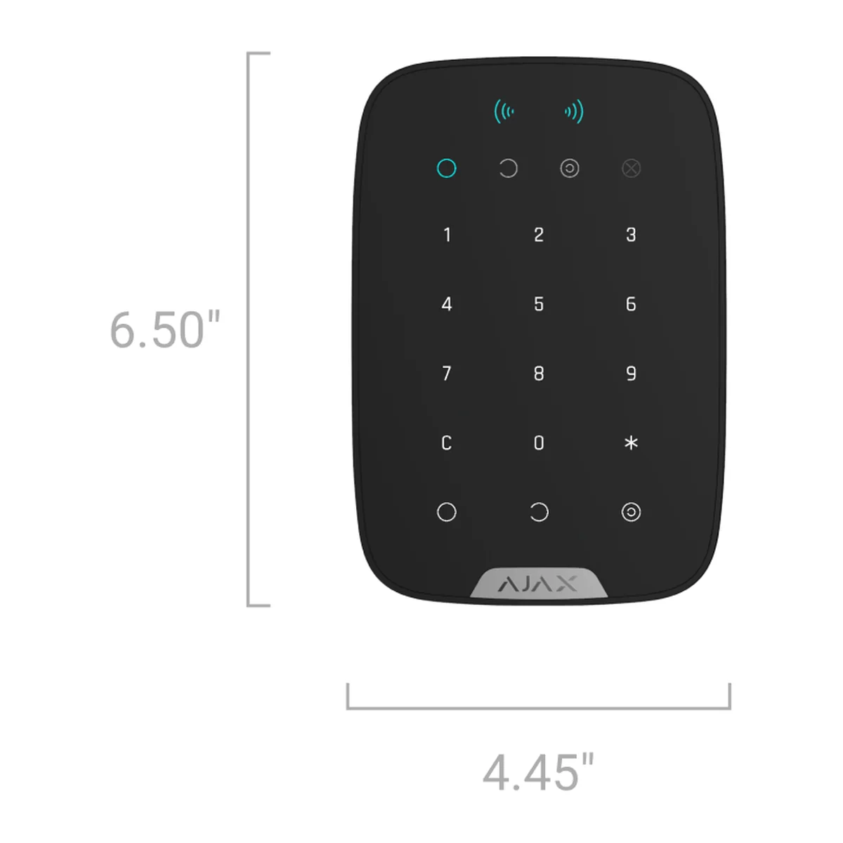 AJAX KeyPad Plus Jeweller front view with size: 6.50 in (about 165 mm) high and 4.45 in (about 113 mm) wide (black model shown)
