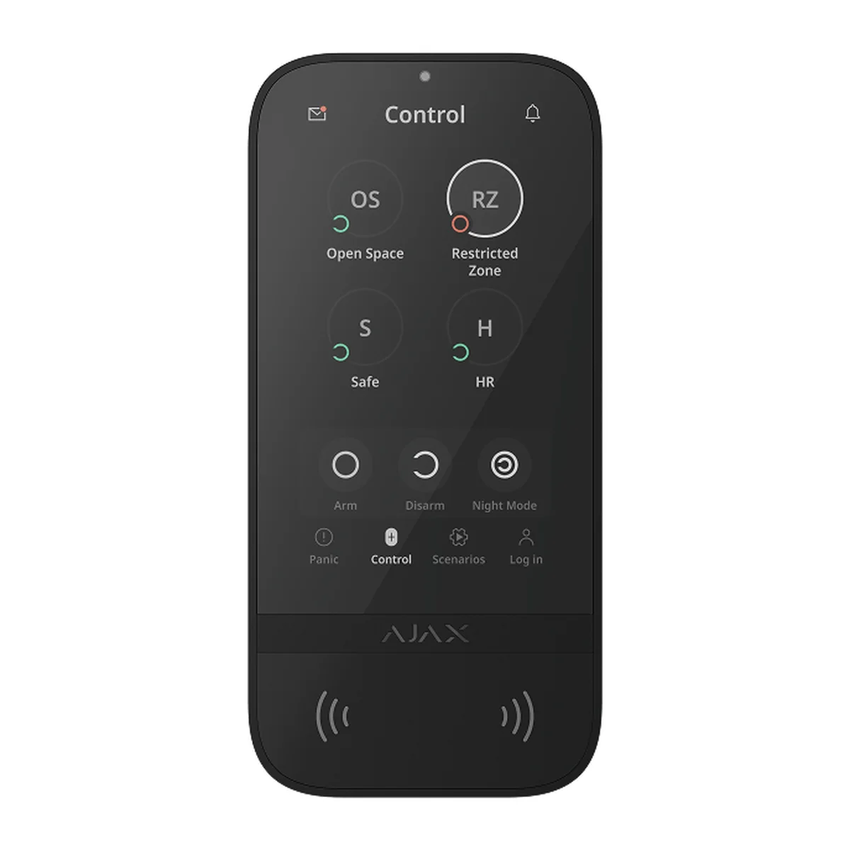 AJAX KeyPad TouchScreen Jeweller showing the dark screen theme
