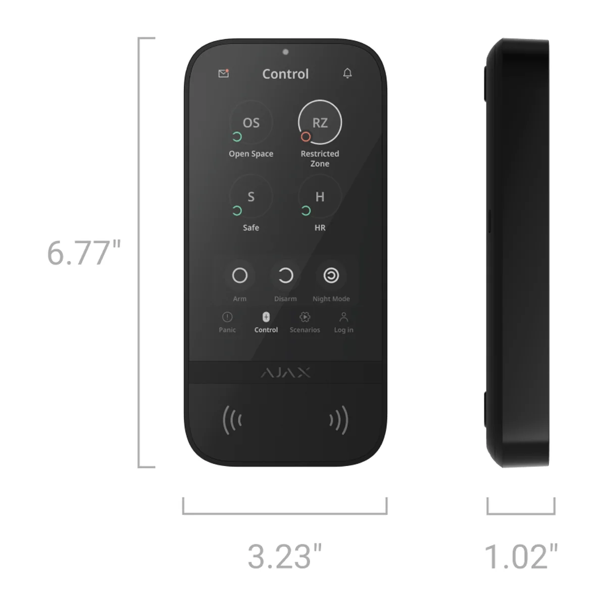 AJAX KeyPad TouchScreen Jeweller with size: 6.77 in (about 172 mm) high, 3.23 in (about 82 mm) wide and 1.02 in (about 26 mm) deep