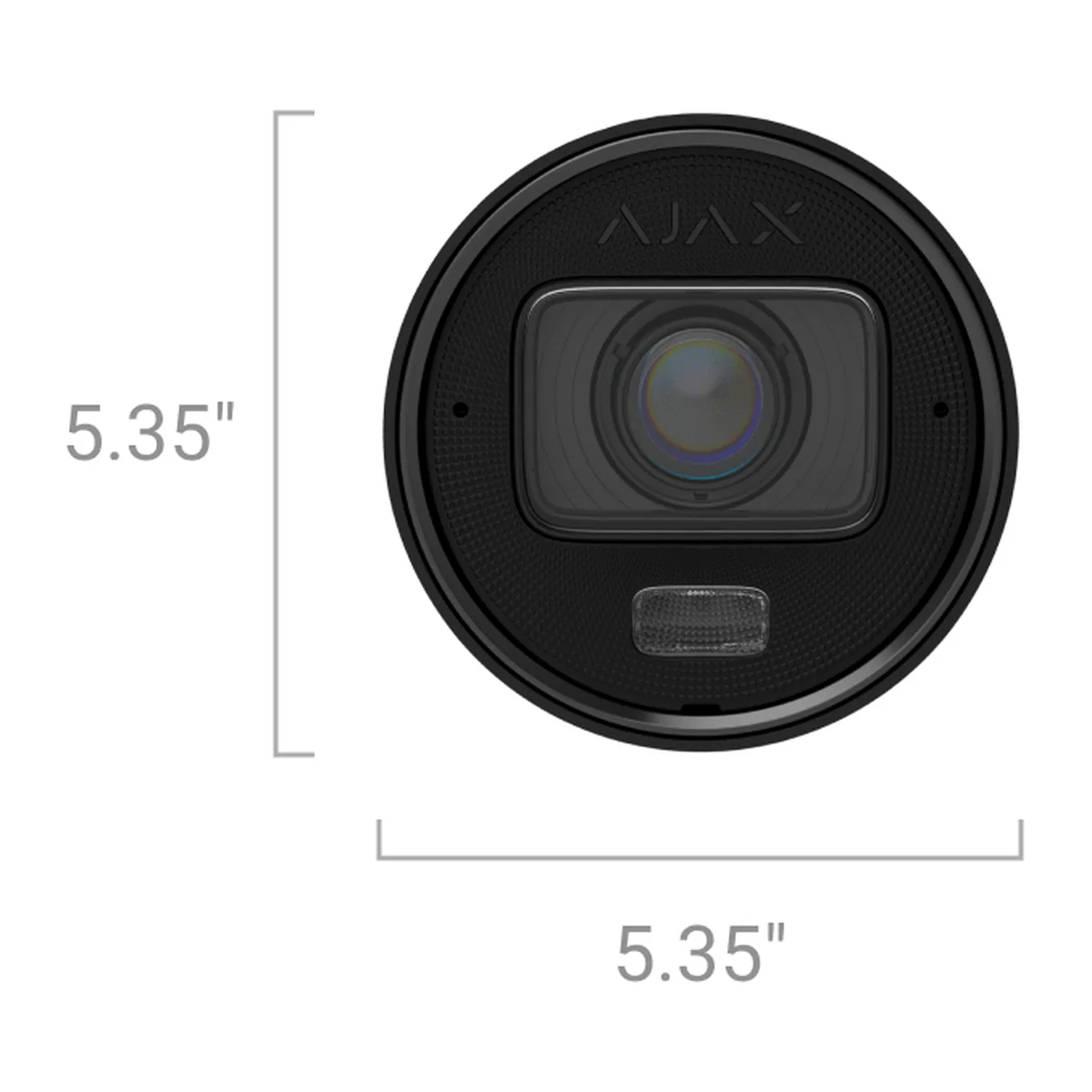 AJAX Superior BulletCam HLVF front view with size: 5.35 in (about 136 mm) wide and high (black model shown)