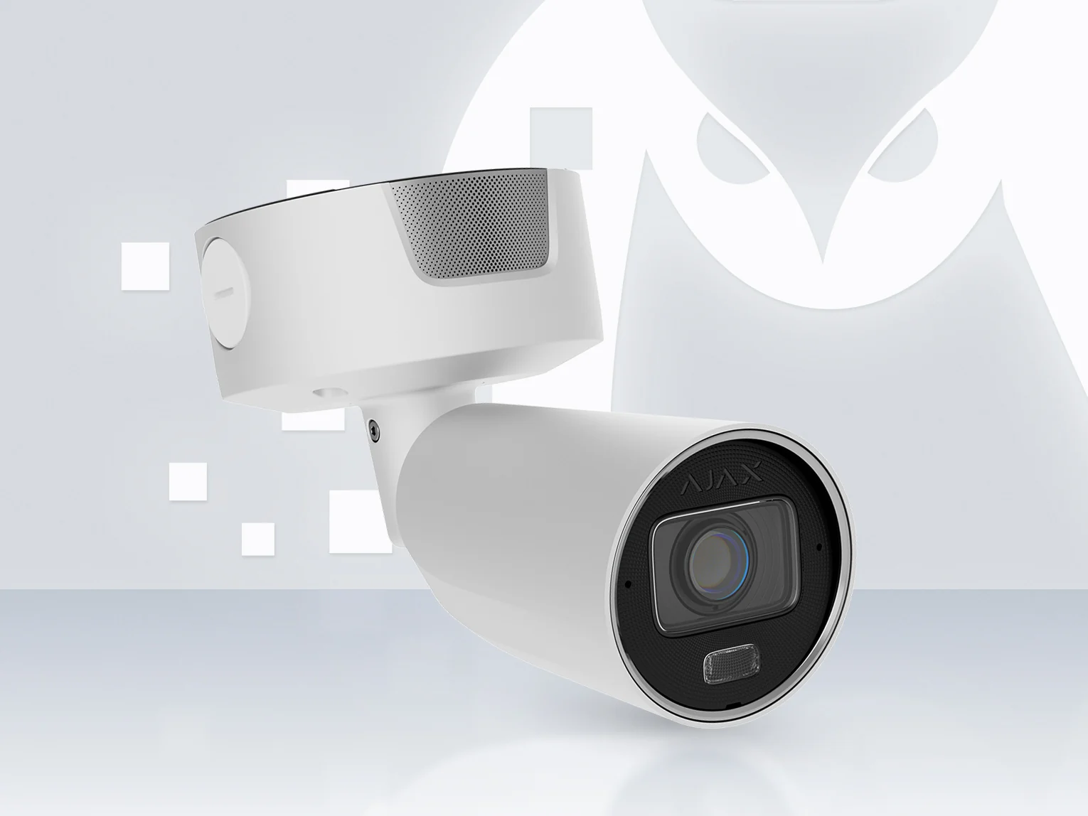AJAX Superior BulletCam HLVF white bullet camera on its mount, front three-quarter view