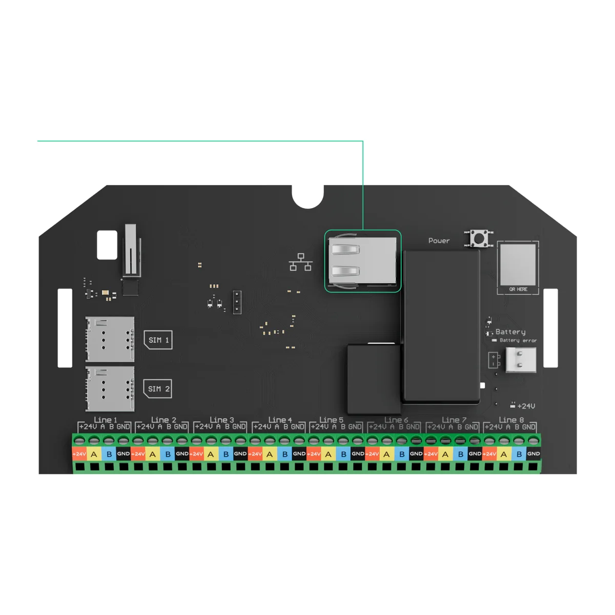 AJAX Superior Hub Hybrid (4G) board with the Ethernet socket highlighted