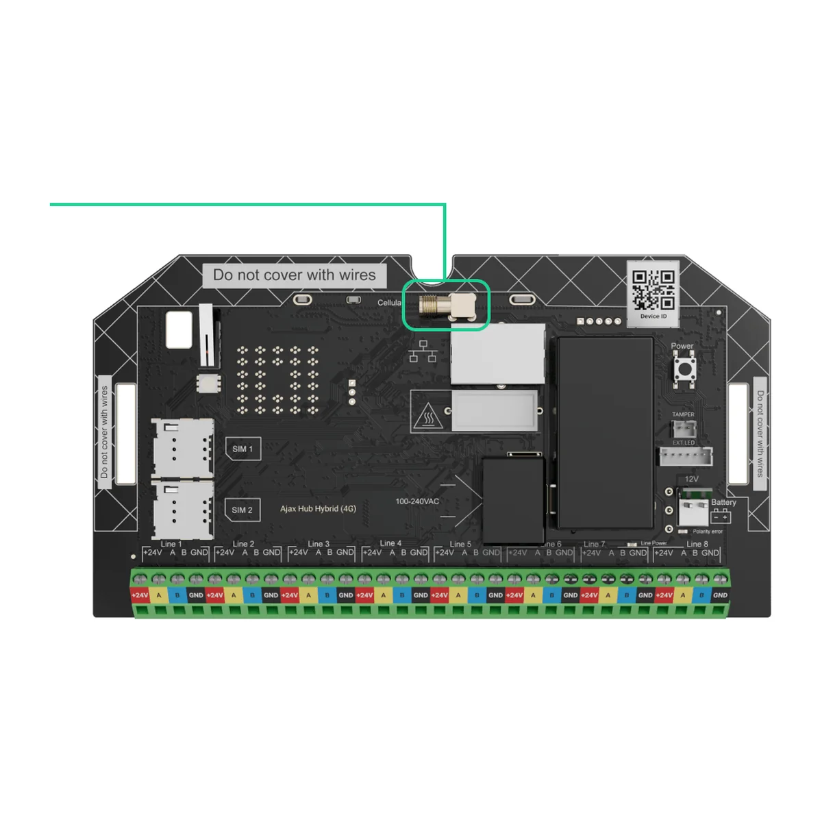 AJAX Superior Hub Hybrid (4G) board without casing, with the 4G external antenna connector highlighted