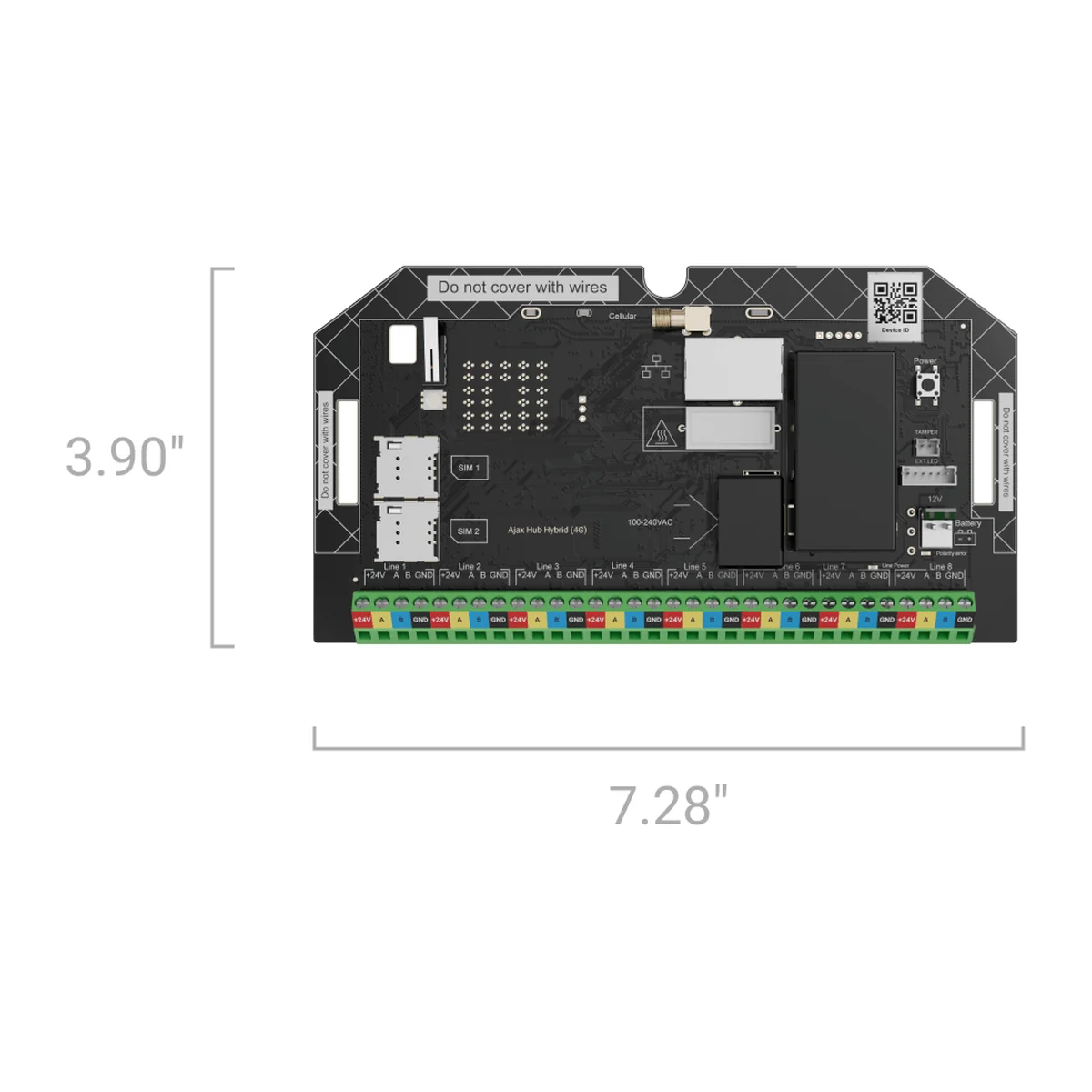 AJAX Superior Hub Hybrid (4G) board without casing, size: 7.28 in (about 185 mm) wide and 3.90 in (about 99 mm) high