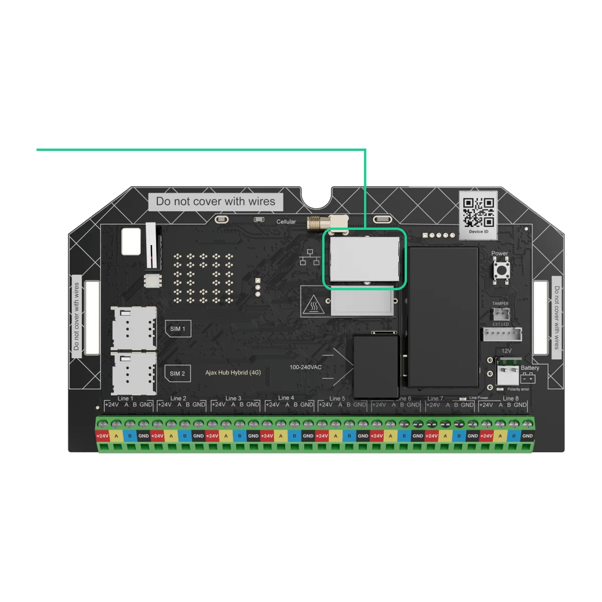AJAX Superior Hub Hybrid (4G) board without casing, with the communication module area highlighted