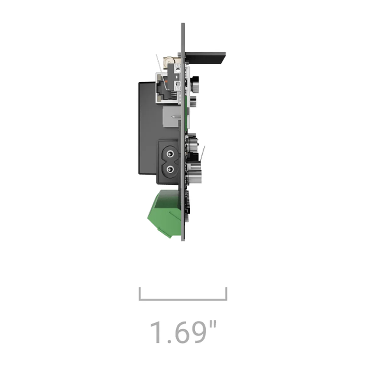 AJAX Superior Hub Hybrid (4G) board without casing, side view with size: 1.69 in (about 43 mm) deep