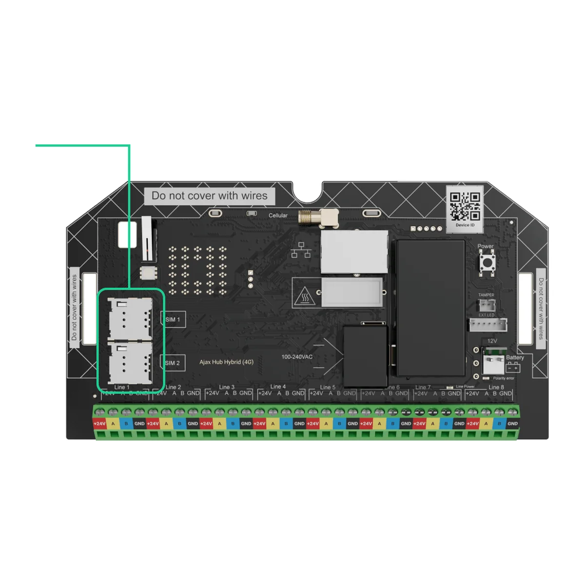 AJAX Superior Hub Hybrid (4G) board without casing, with the two micro-SIM slots highlighted