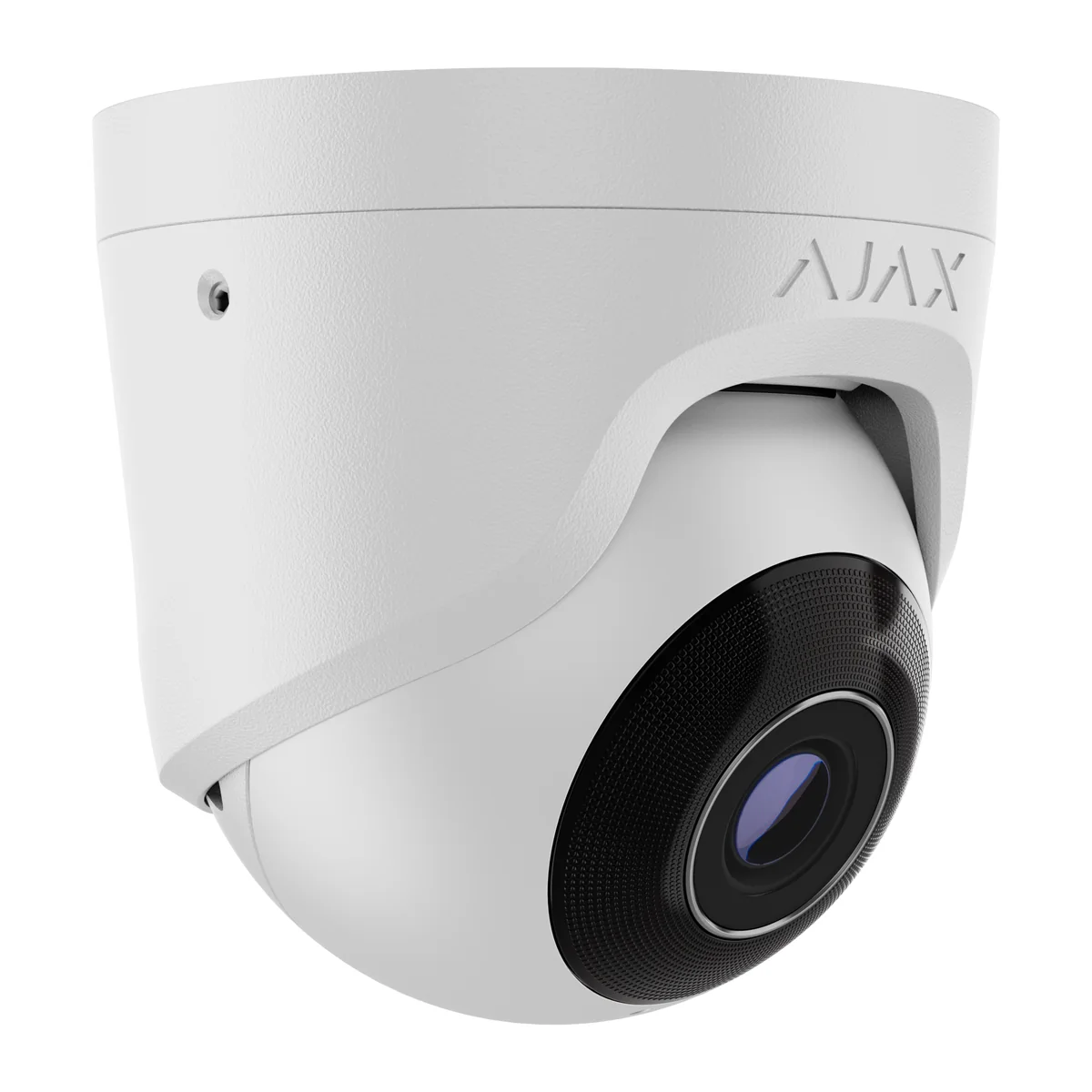 AJAX TurretCam 8 MP white turret camera, front three-quarter view showing the lens and Ajax logo