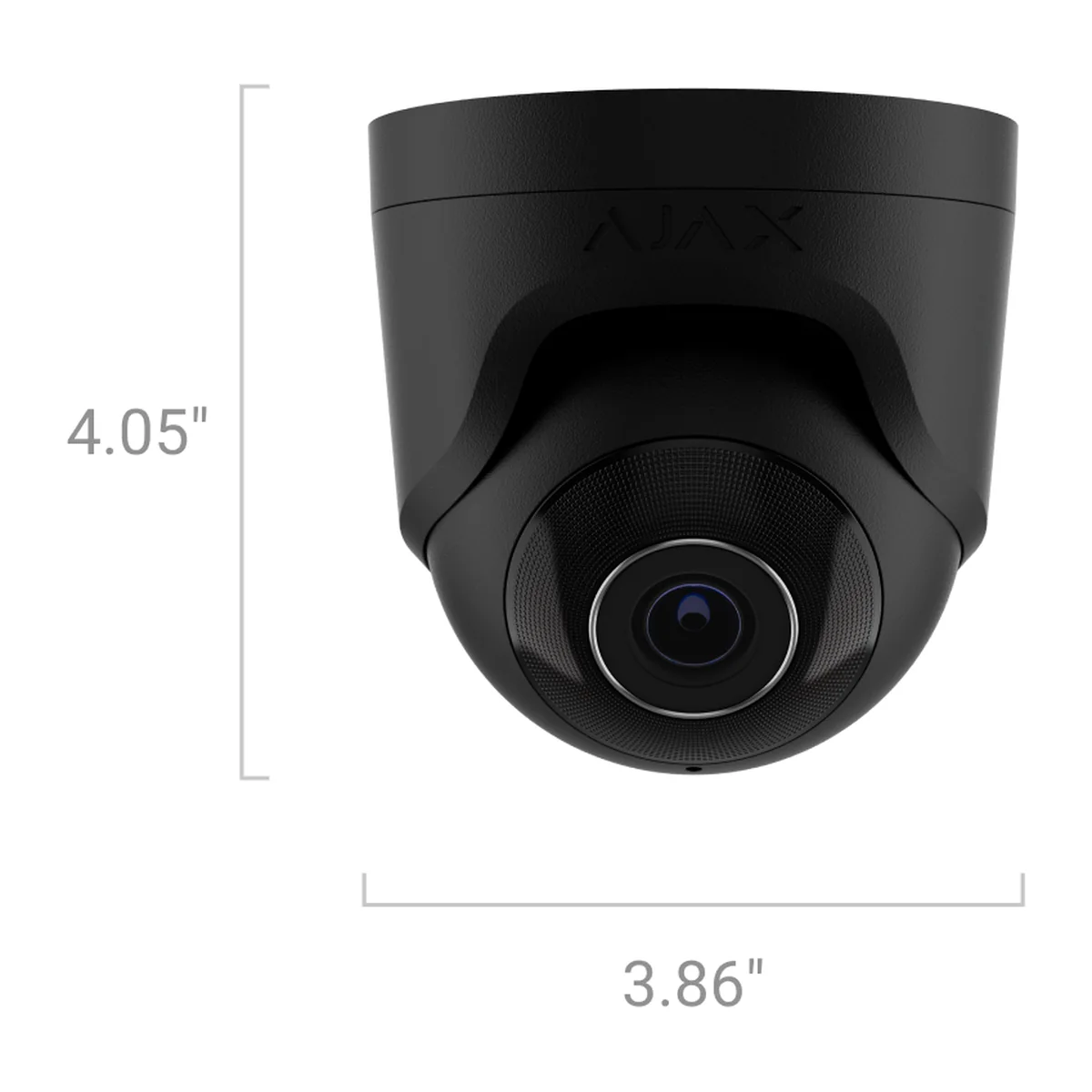 AJAX TurretCam black turret camera, front view with size: 4.05 in (about 103 mm) high and 3.86 in (about 98 mm) wide