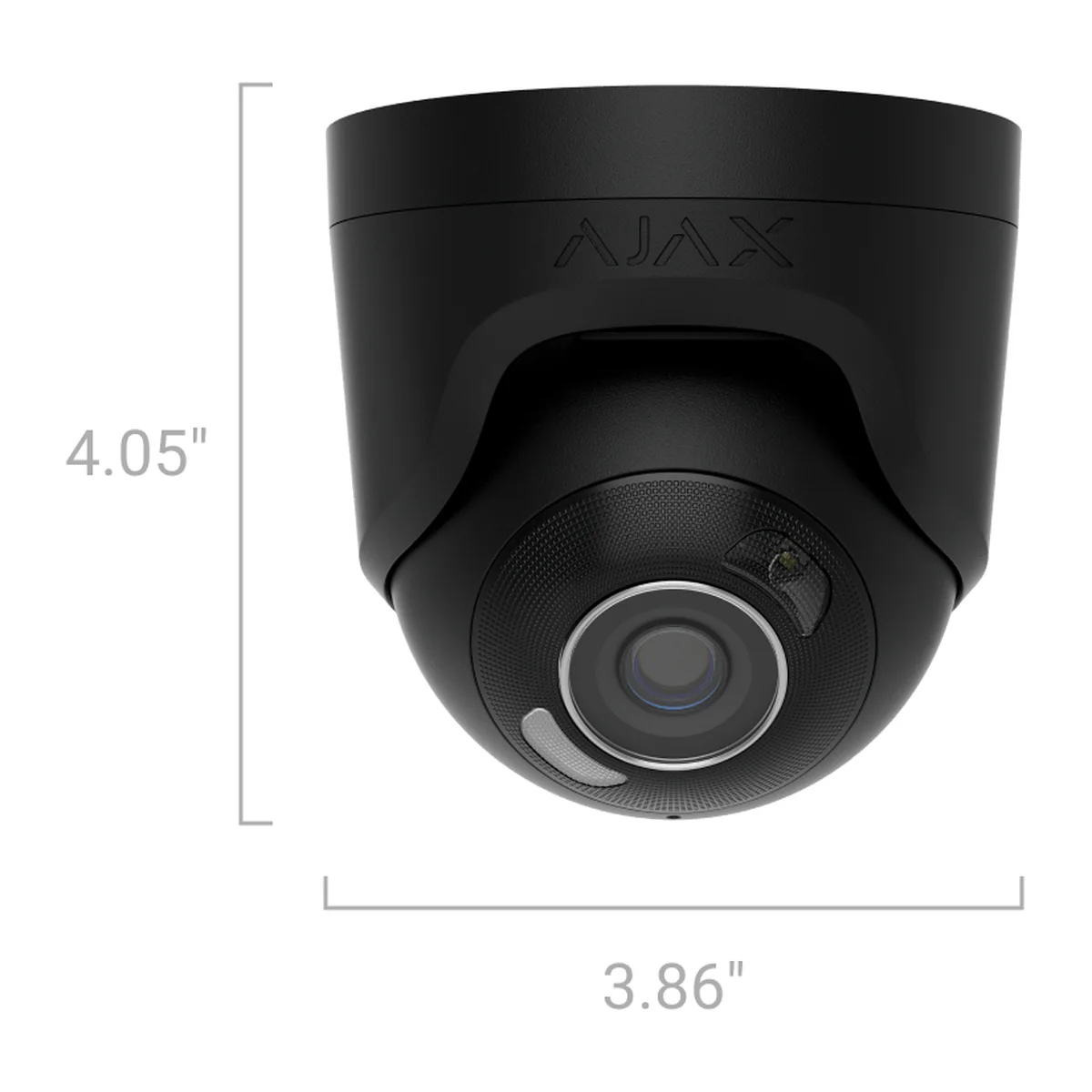 AJAX TurretCam HL black turret camera, front view with size: 4.05 in (about 103 mm) high and 3.86 in (about 98 mm) wide