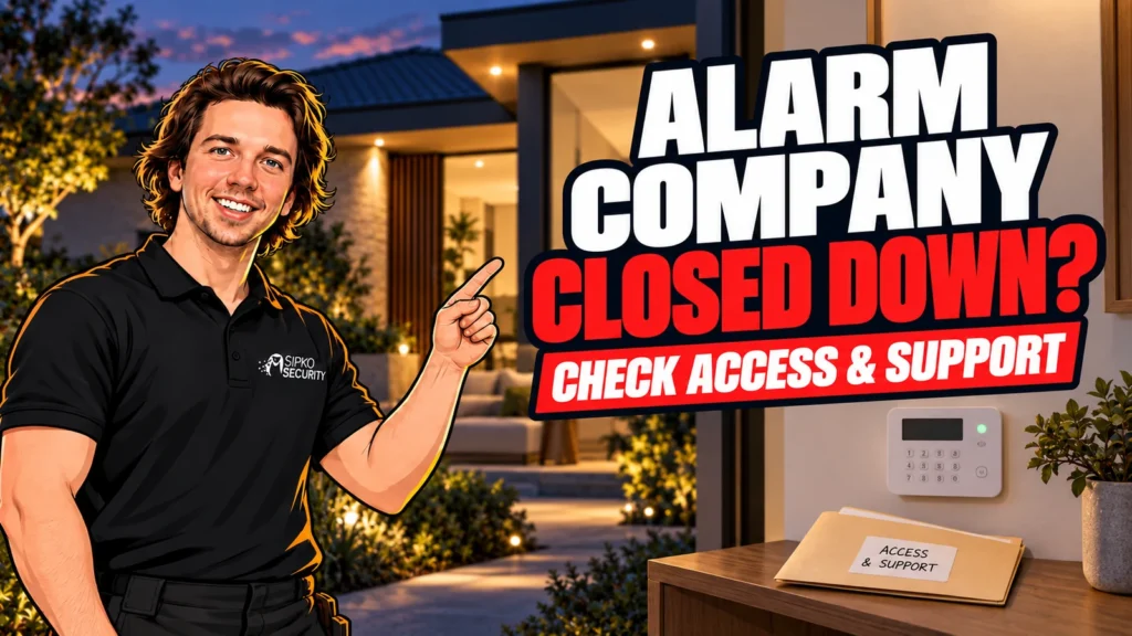 My Security Alarm Company Went Out of Business. Now What? - SIPKO Security Illustration of Serhii Sipko beside an alarm keypad and a headline about an alarm company closing