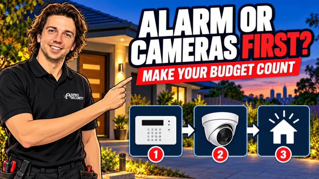 Alarm or Cameras First? Spending a Limited Budget Well - SIPKO Security Illustration of Serhii Sipko presenting alarm and camera options for a staged security plan