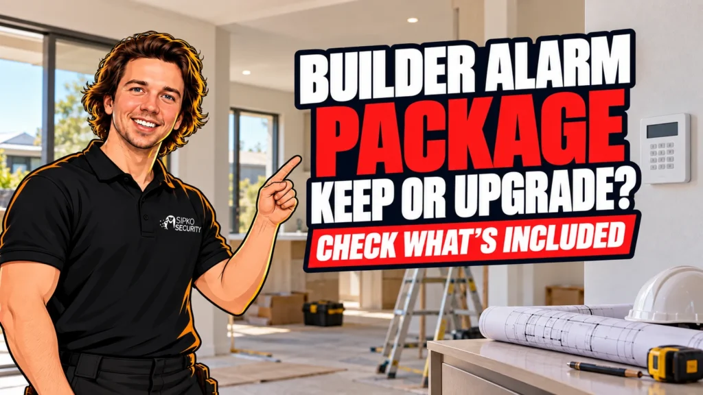 Illustration of Serhii Sipko in a new home with plans and a builder alarm package headline