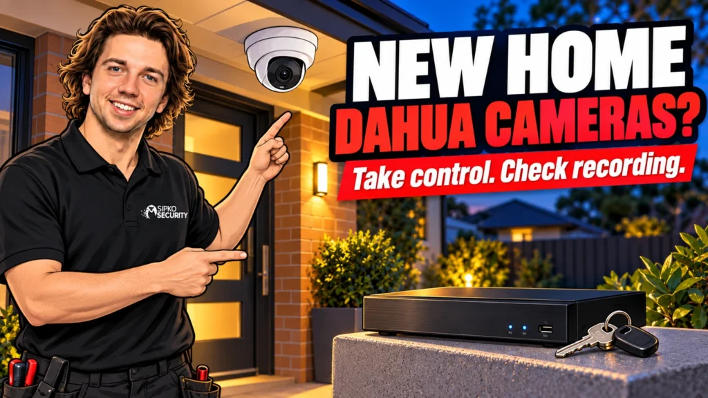 Illustration of Serhii Sipko beside a home CCTV camera, recorder and house keys