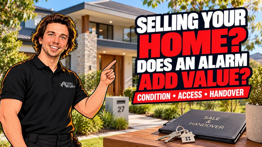 Selling Your Home: Does an Alarm Add Value? - SIPKO Security Illustration of Serhii Sipko beside a home and keys with an alarm value and handover headline