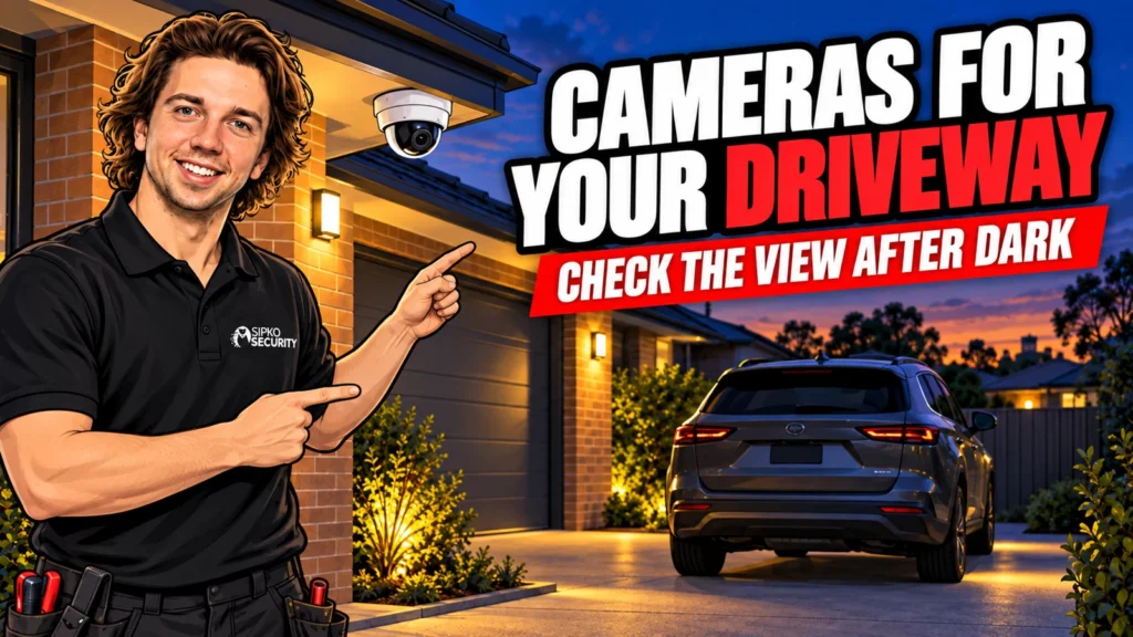 Driveway Security Cameras: Protecting Cars Parked at Home - SIPKO Security Illustration of Serhii Sipko beside a camera overlooking a car in a driveway