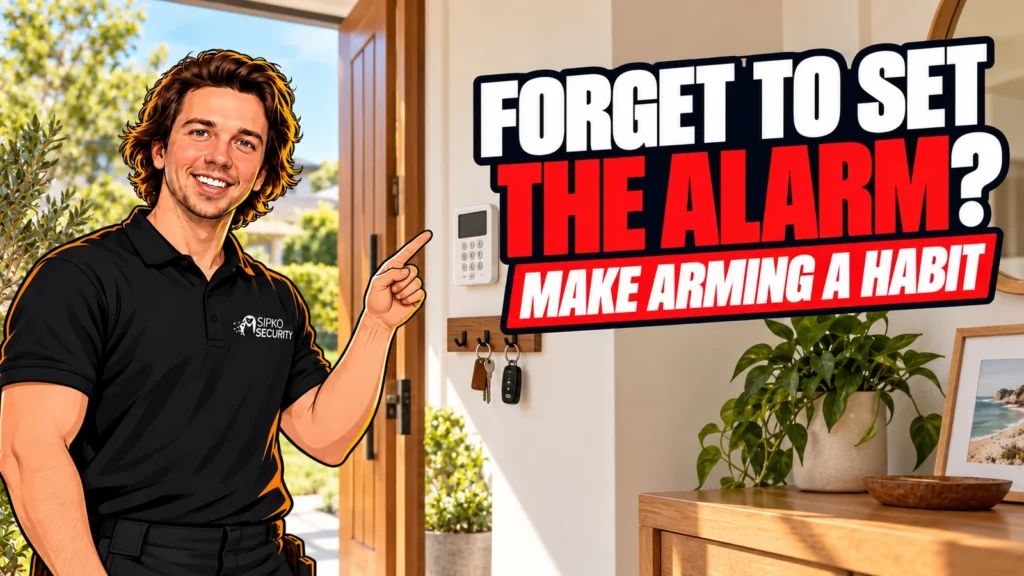 Forget to Set the Alarm? Make Arming Fit Your Daily Routine - SIPKO Security Illustration of Serhii Sipko pointing to an alarm keypad beside a reminder to make arming a habit