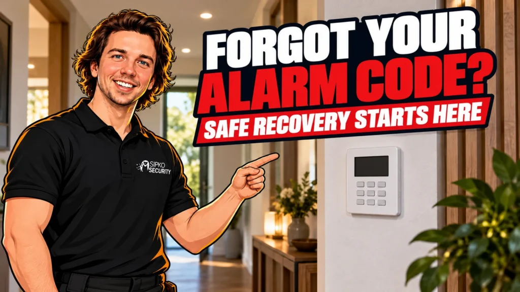 Forgot Your Security Alarm Code? What Can Be Reset, and by Whom - SIPKO Security Illustration of Serhii Sipko pointing to a keypad beneath a forgotten alarm code headline