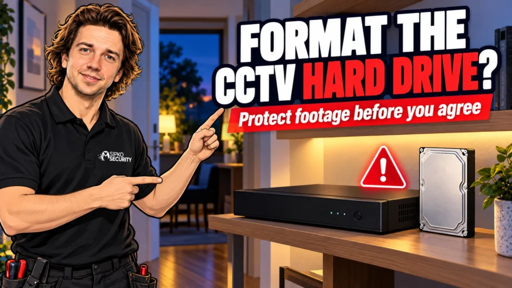 Illustration of Serhii Sipko beside a CCTV recorder and hard drive with a caution symbol
