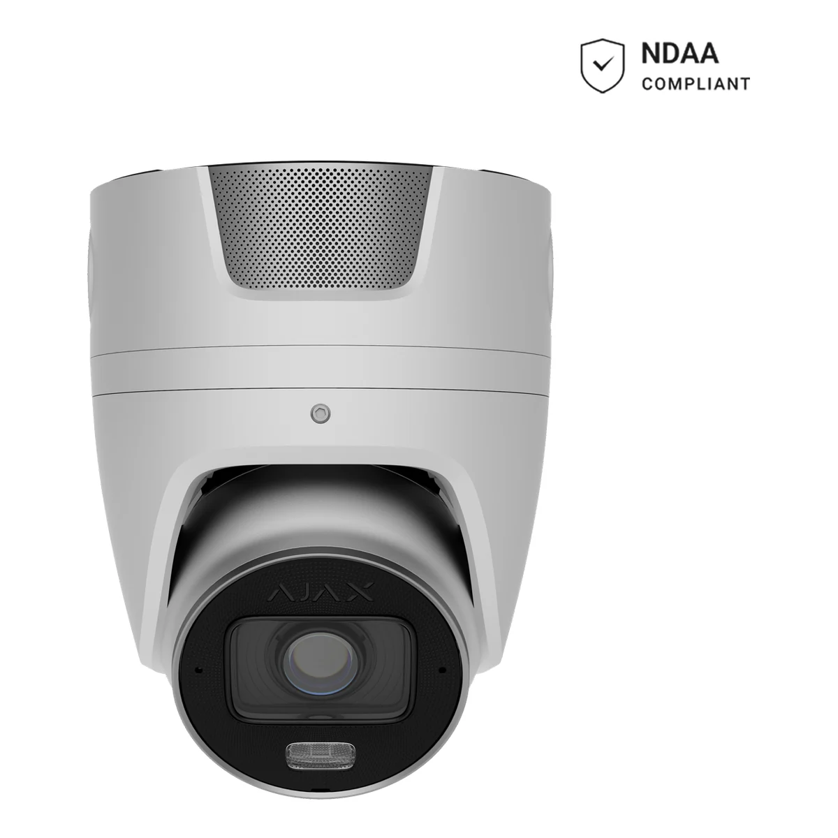 AJAX Superior TurretCam HLVF 4MP white turret camera, front view with the varifocal lens and white LED