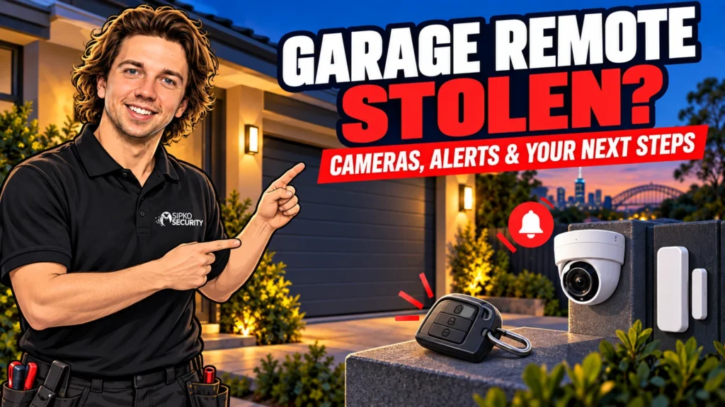 Illustration of Serhii Sipko beside a garage remote, camera and opening sensor