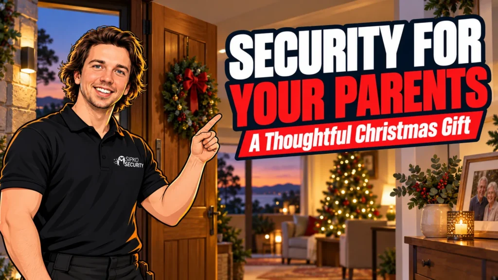 Security for Your Parents — A Thoughtful Christmas Gift - SIPKO Security Serhii Sipko pointing to Security for Your Parents in a Christmas home setting