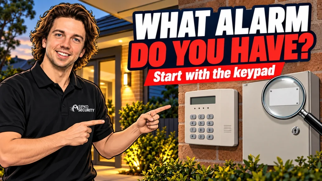 Illustration of Serhii Sipko pointing to a generic keypad and closed alarm cabinet