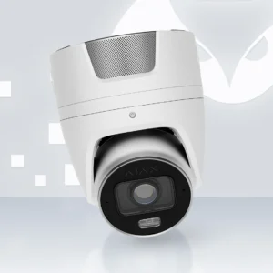 AJAX Superior TurretCam HLVF 4MP white turret camera on a light background with the Ajax logo