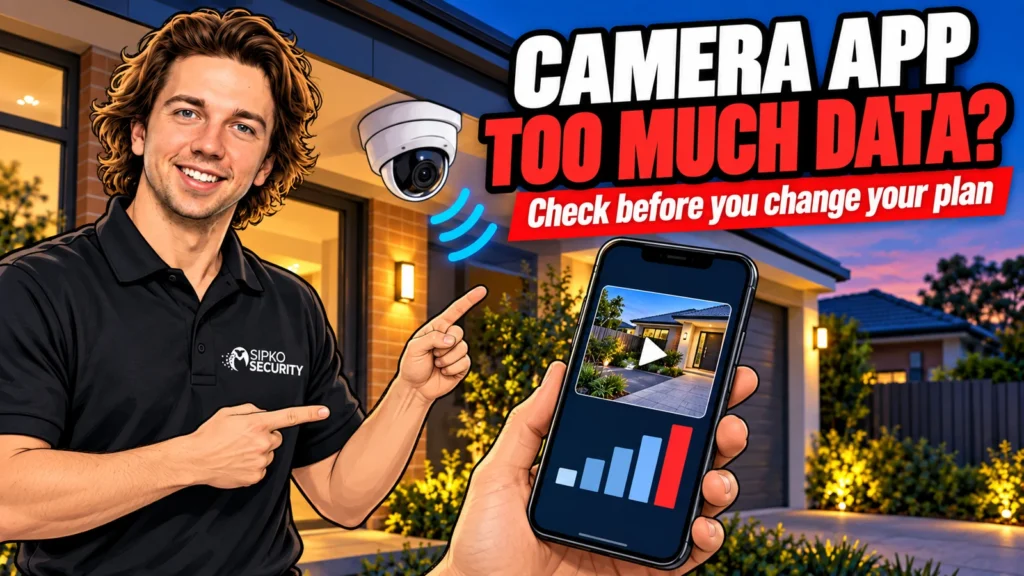 Is My Security Camera App Using Too Much Mobile Data? - SIPKO Security Illustration of Serhii Sipko pointing to a camera and phone with a conceptual data chart