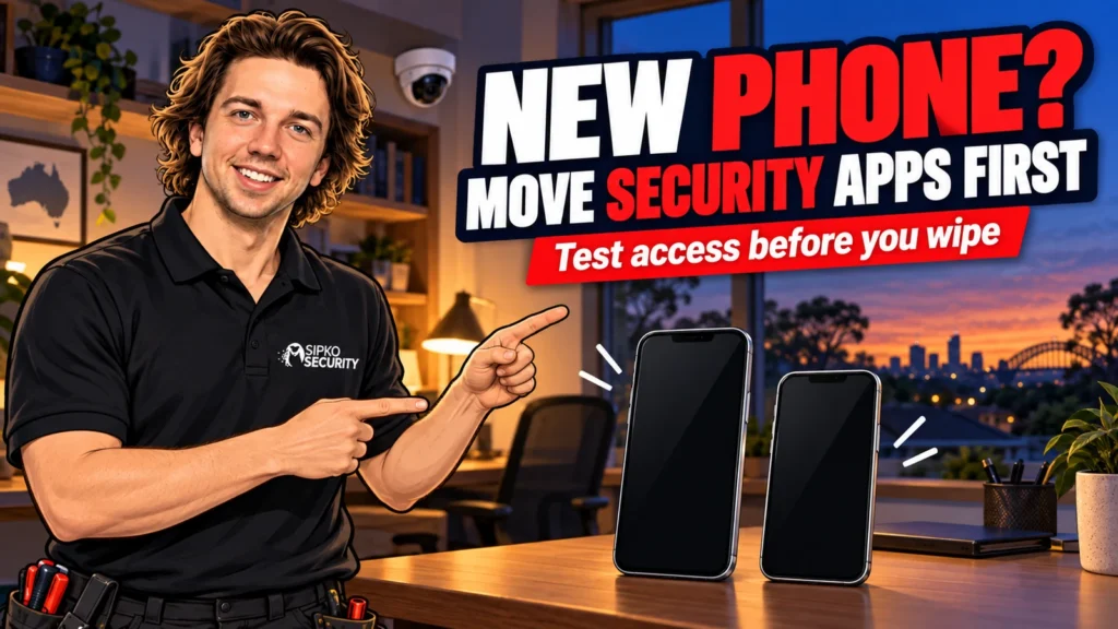 Illustration of Serhii Sipko pointing to two phones before moving security apps