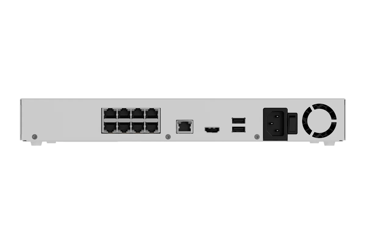 AJAX NVR H2D8PAC white recorder rear panel: 8 PoE ports, Ethernet, HDMI, two USB ports, power inlet and fan
