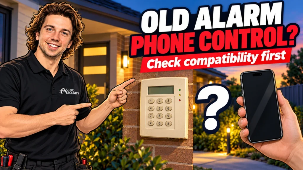 Illustration of Serhii Sipko beside an older alarm keypad and phone compatibility question
