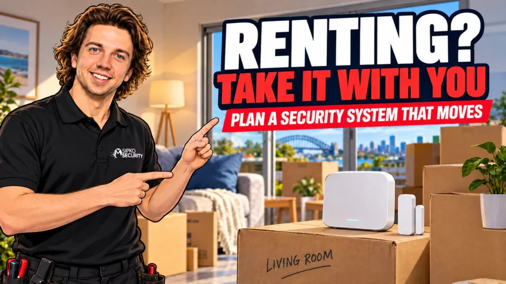 Renting? A Security System You Can Take With You - SIPKO Security Illustration of Serhii Sipko beside portable alarm equipment and moving boxes