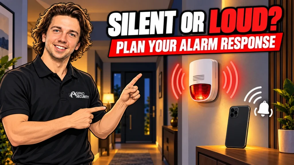 Silent or Loud? Choosing How Your Security Alarm Responds - SIPKO Security Illustration of Serhii Sipko pointing to an alarm siren and a phone notification symbol