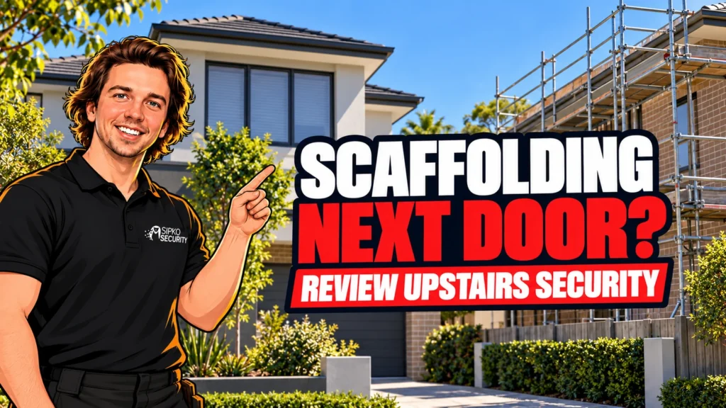 Scaffolding Next Door: Review Your Upstairs Home Security - SIPKO Security Illustration of Serhii Sipko beside neighbouring houses with scaffolding and an upstairs security headline