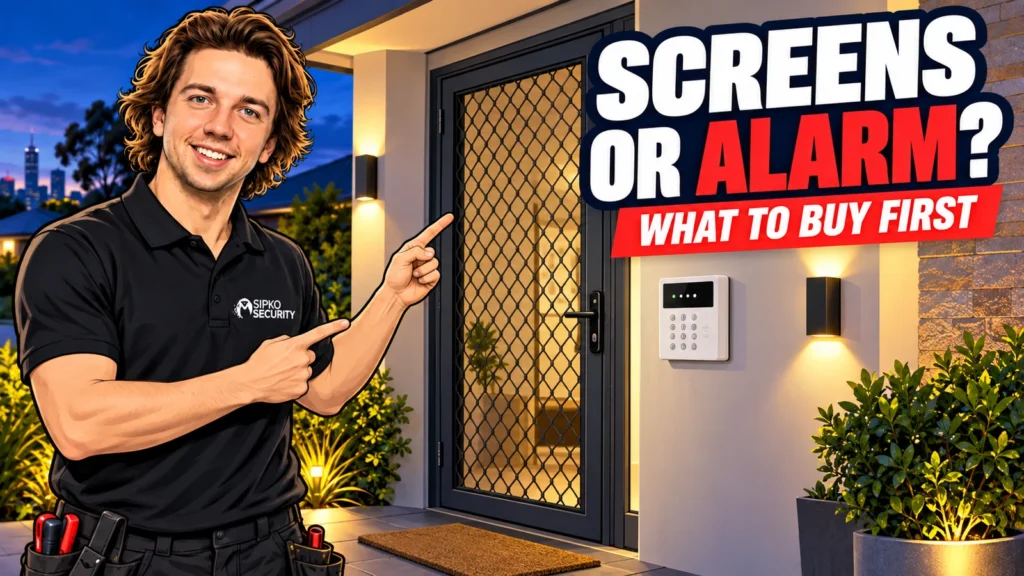 Illustration of Serhii Sipko pointing to a mesh entrance door and alarm keypad