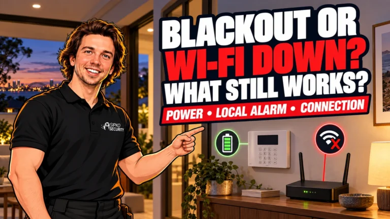 Illustration of Serhii Sipko pointing to an alarm keypad and router with battery and connection symbols