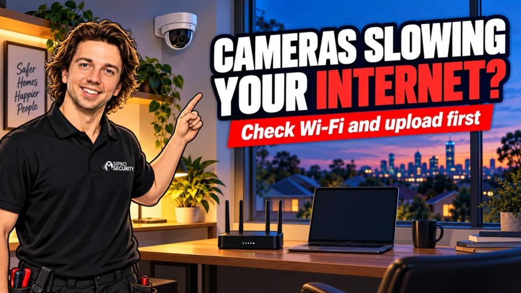 Illustration of Sergi Sipko beside a router and laptop discussing camera network traffic