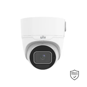 UNV IPC3636SS 6MP LightHunter white motorised varifocal turret camera, front view with the NDAA compliance badge