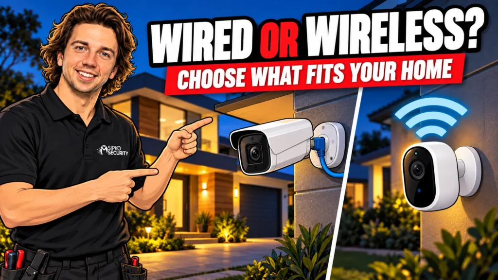 Wired vs Wireless Security Cameras for a Home - SIPKO Security Illustration of Serhii Sipko comparing wired and wireless home security cameras